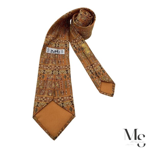 HERMES PARIS 7641 TA Orange Heiroglyphics Pattern Silk Tie France W: 3.5" E.C - Picture 2 of 7